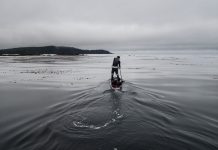 Man on a paddleboard on ocean on a gray day.