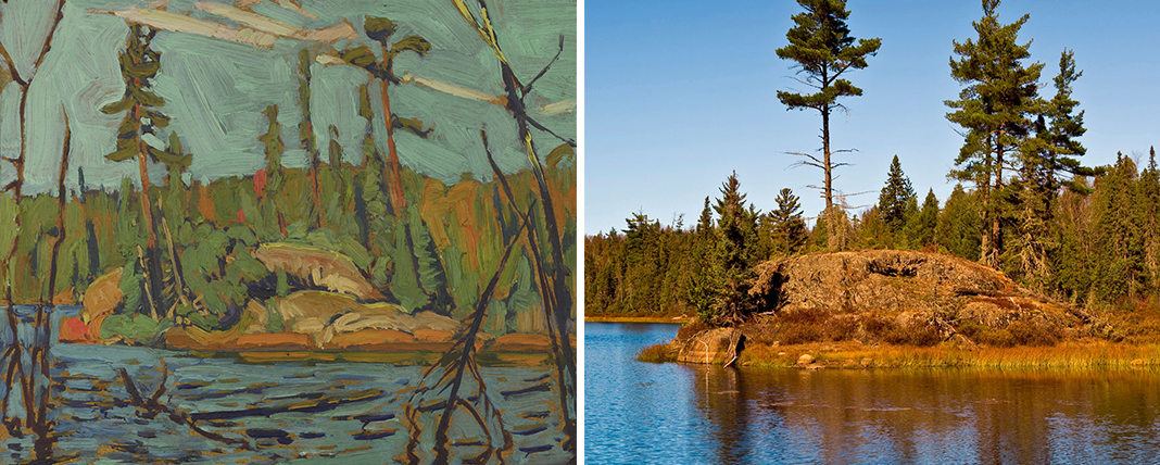 Painting on left, photo on right: Small island in middle of lake with pine trees.