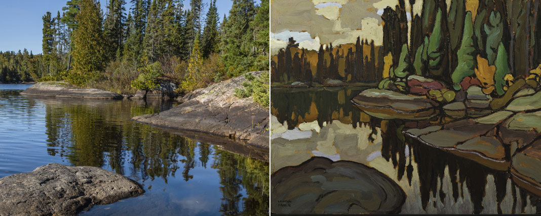 Left: photo of rocky shoreline with pines. Right: painting of same scene.
