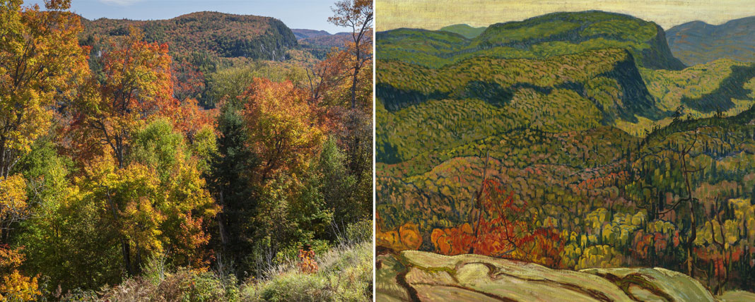 Left: photo of lookout over autumn leaves in valley. Right: painting of the same scene.