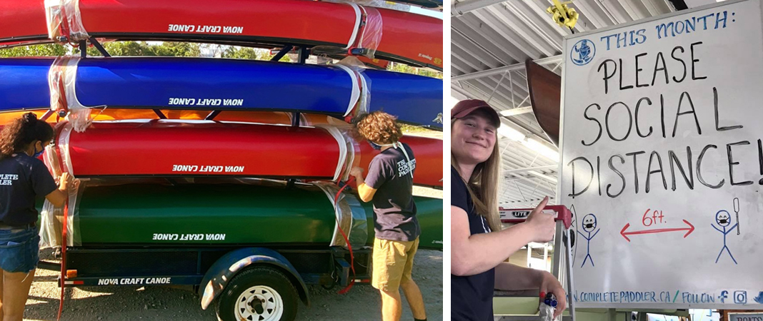 Photo left: Two masked individuals tying down canoes on a rack. Photo right: Individual giving thumbs up in front of sign reading "Please social distance."