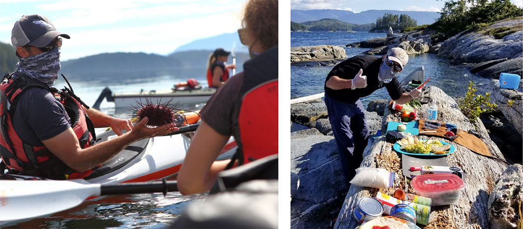 Photo left: Guide wearing a mask showing a sea urchin to a tour participant on kayaks. Photo right: Guide wearing mask preparing lunch on a rock with lake in background.