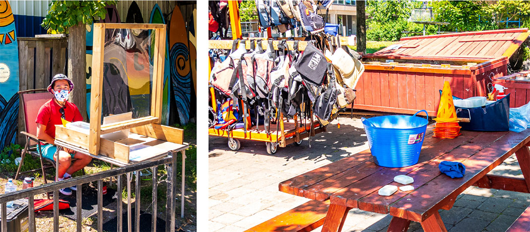 Photo left: Person wearing mask at outdoor registration booth. Photo right: PFDs hanging on rack and picnic table with bucket water, soap, and towel..