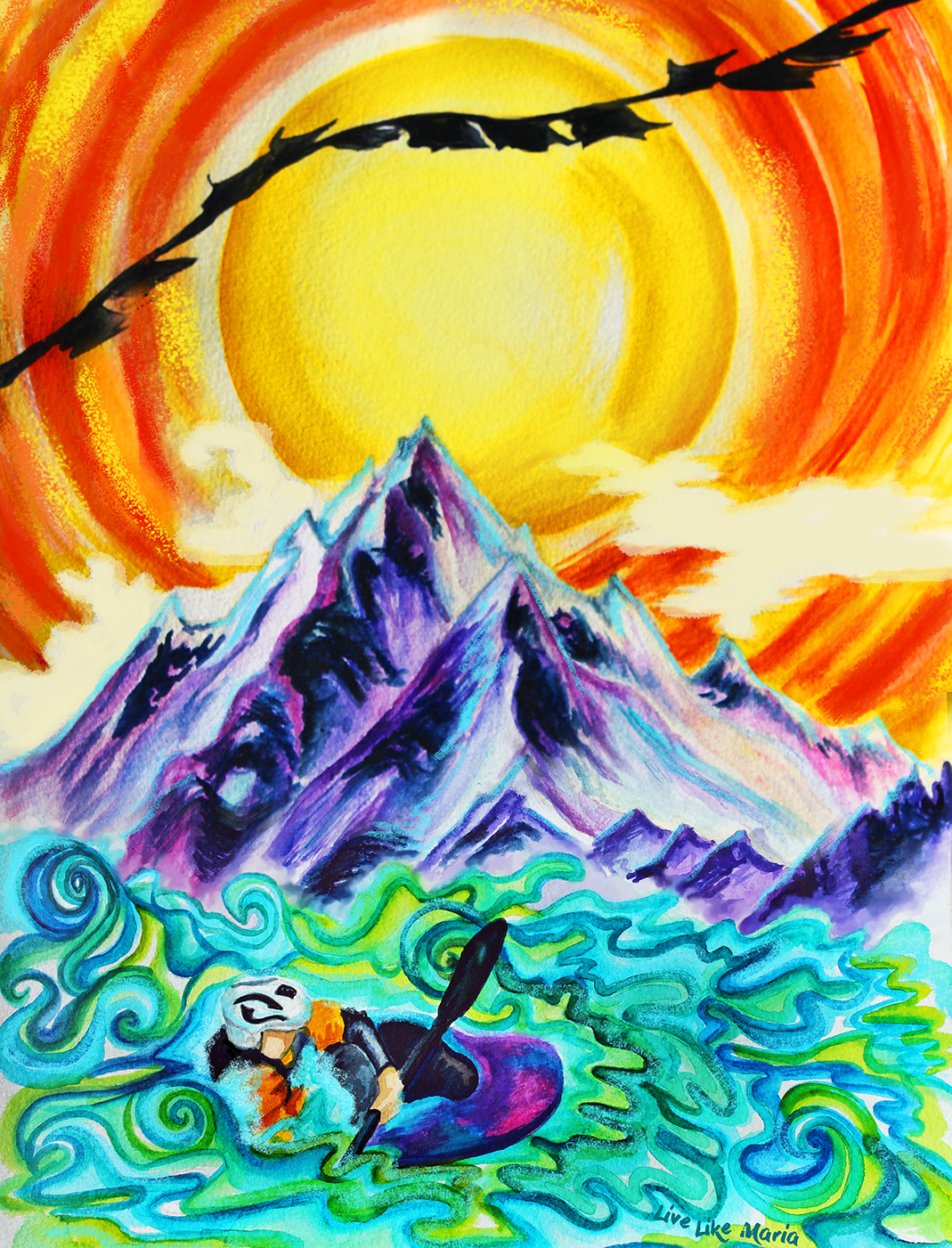 Painting of whitewater kayaker with mountain and sun in background.