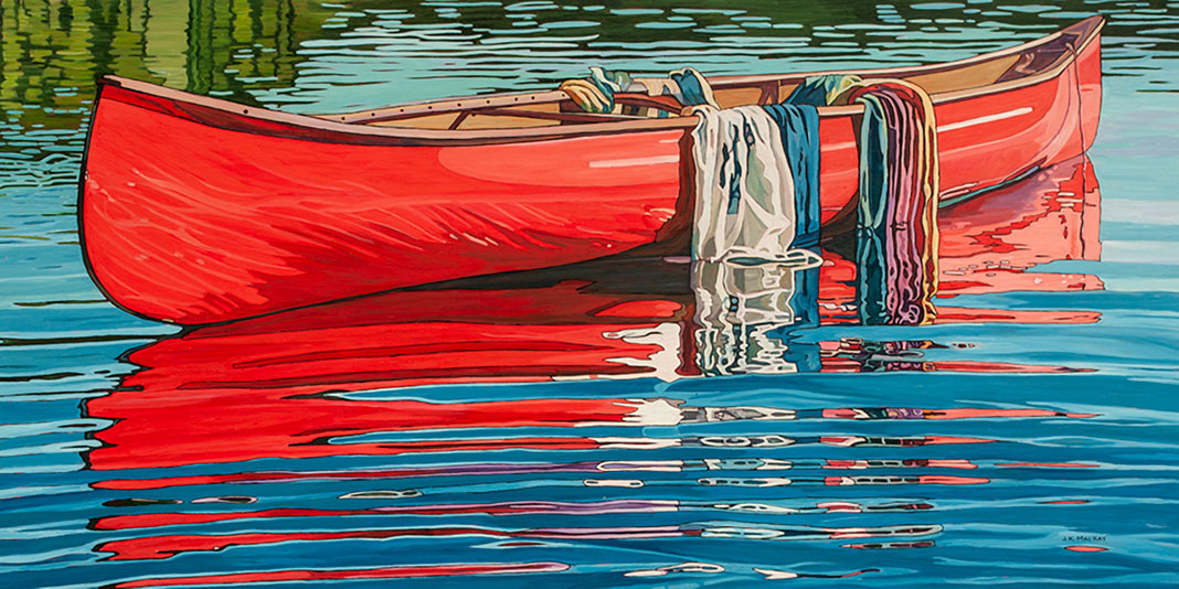 Painting of canoe on water with clothes draped over side.
