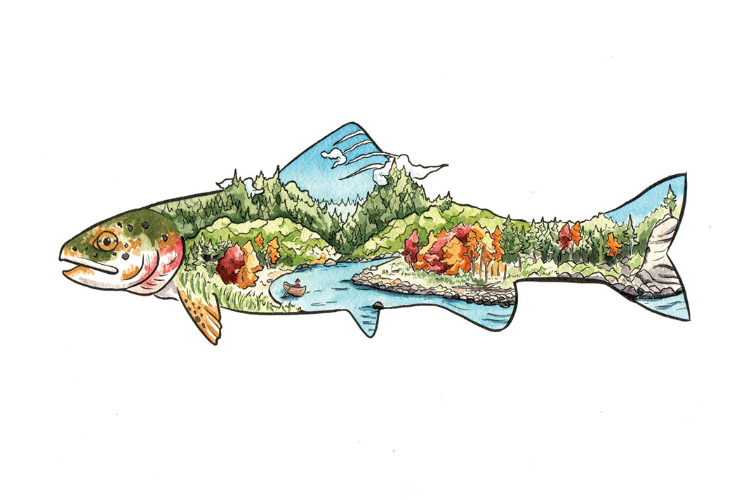 Fish with painting of canoe on a river surrounded by forest within it.