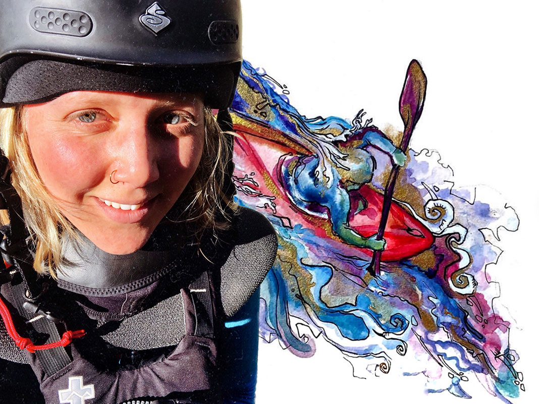 Woman's face beside her painting of a whitewater kayaker.