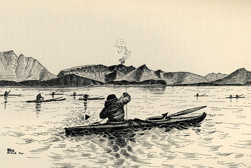 An illustration from the 1886 book, Our Arctic Province, by Henry Elliot, shows early qajaq fishermen.