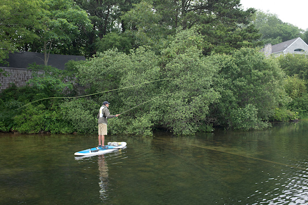 Man fishes from a standup paddleboard