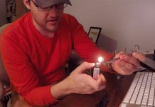 Ben Duchesney heats up a broken fishing rod tip he is fixing