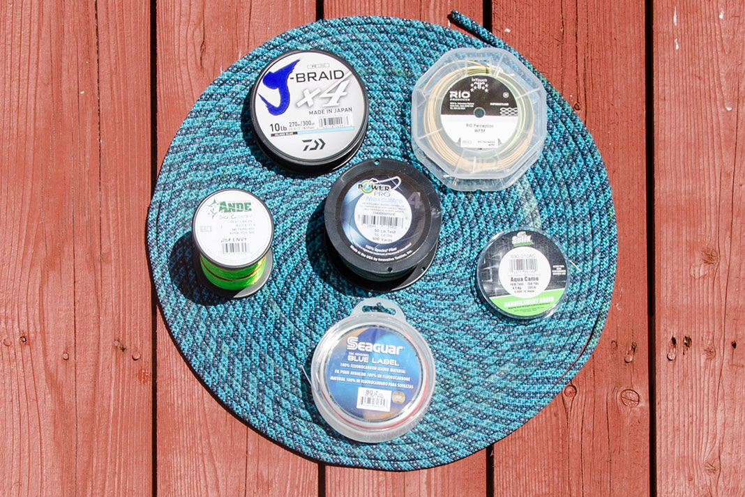 A selection of fishing lines for kayak fishing