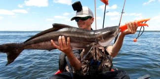 Houston Stewart holds up a cobia he caught while kayak fishing