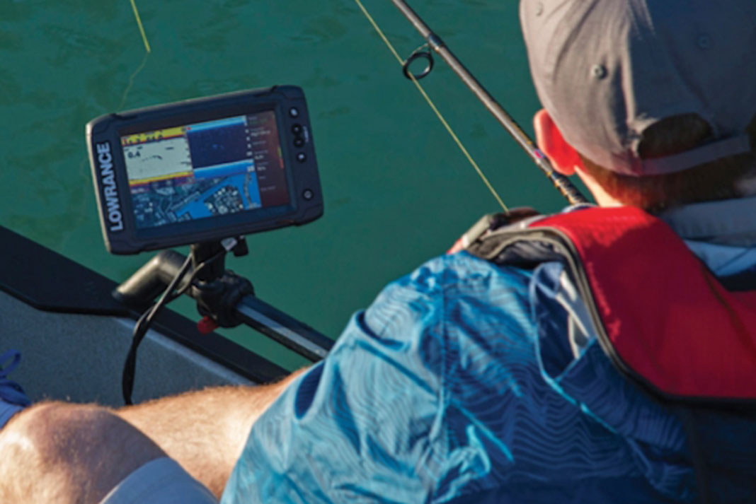 battery-powered fish finder on a kayak