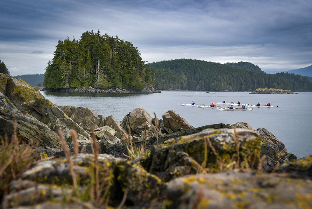 Group of sea kayakers on the water with rocky shore in foreground and tree-covered island in background.