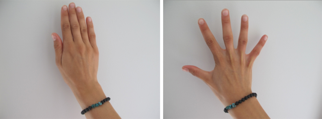 Left: hand with fingers together. Right: Hand with fingers spread out.