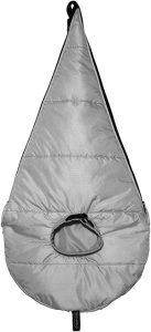 Silver, teardrop shaped sleeping bag