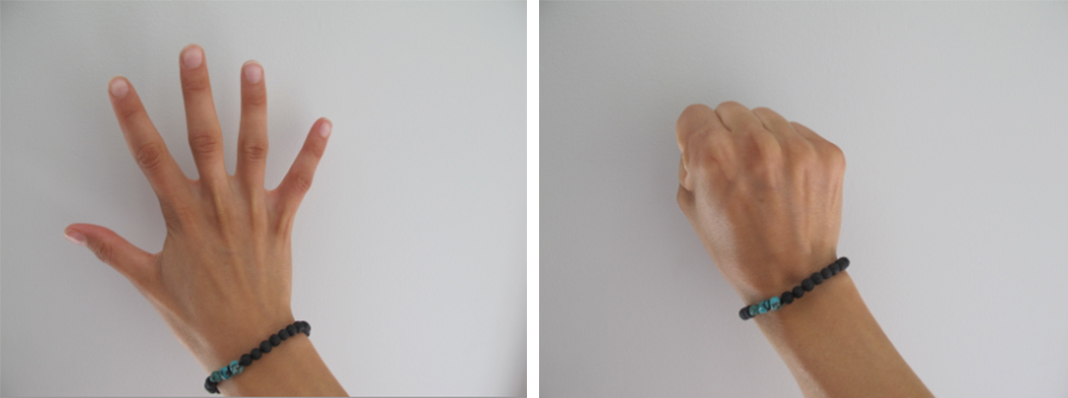 Left: hand with fingers spread. Right: Hand in fist.