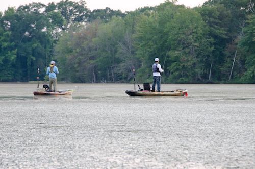 two anglers fish from kayaks on Wheeler Lake