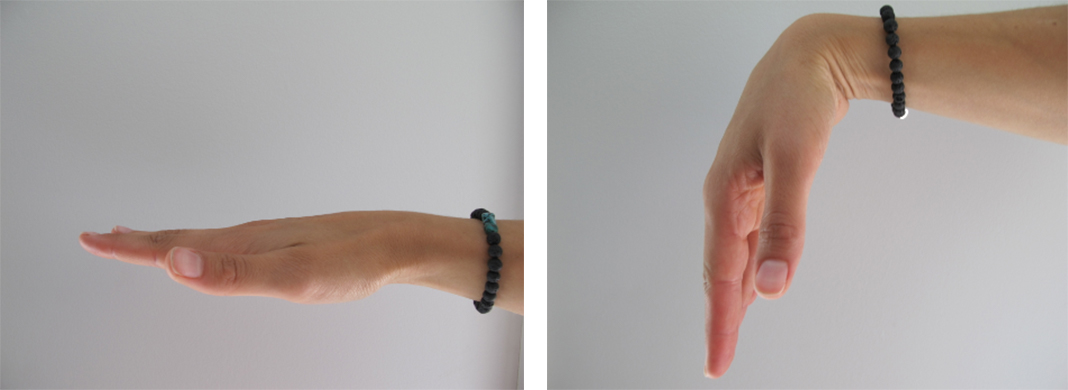 Left: hand flat. Right: Hand pointed down at 90-degree angle from arm.