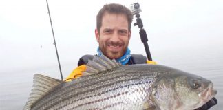 Fishing guide Elias Vaisberg holds up a striped bass