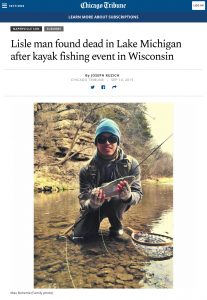 Screenshot of Chicago Tribune article about Max Boheme drowning during kayak fishing tournament