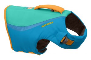 Green, yellow and blue dog life jacket