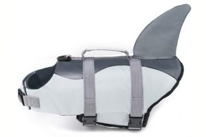 Grey dog life jacket with shark fin on back