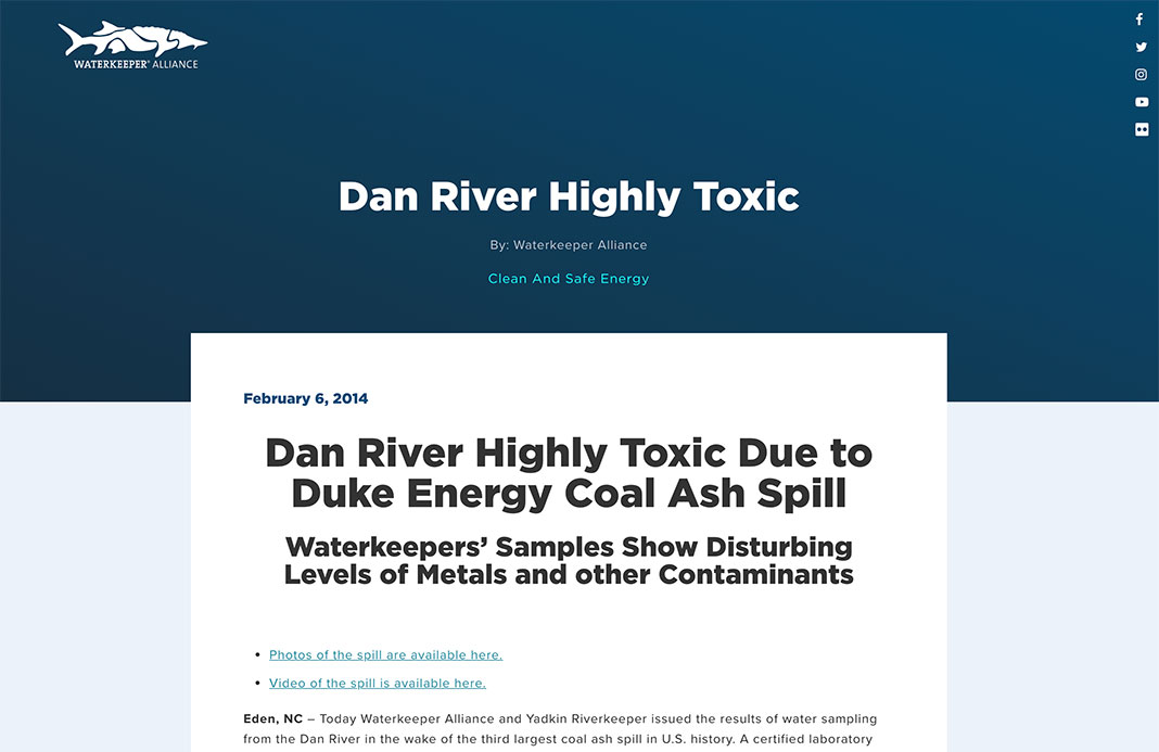 screenshot of the Waterkeeper website report on the Dan River