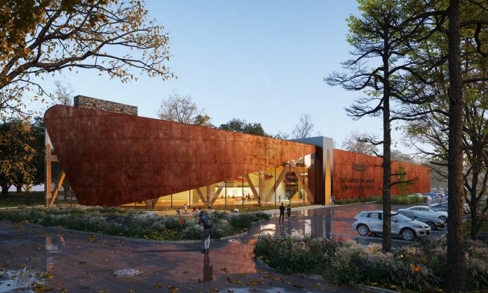 The Canadian Canoe Museum’s unique curved façade and use of weathered steel make for an impressive view from the street. | Photo: The Canadian Canoe Museum