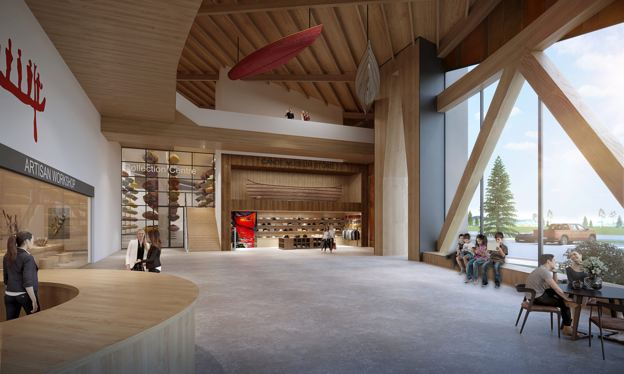 The public atrium of the Canadian Canoe Museum features soaring double-high ceilings and beautiful exposed mass timber elements as well as views into the Museum’s Collection Centre.. | Photo: The Canadian Canoe Museum