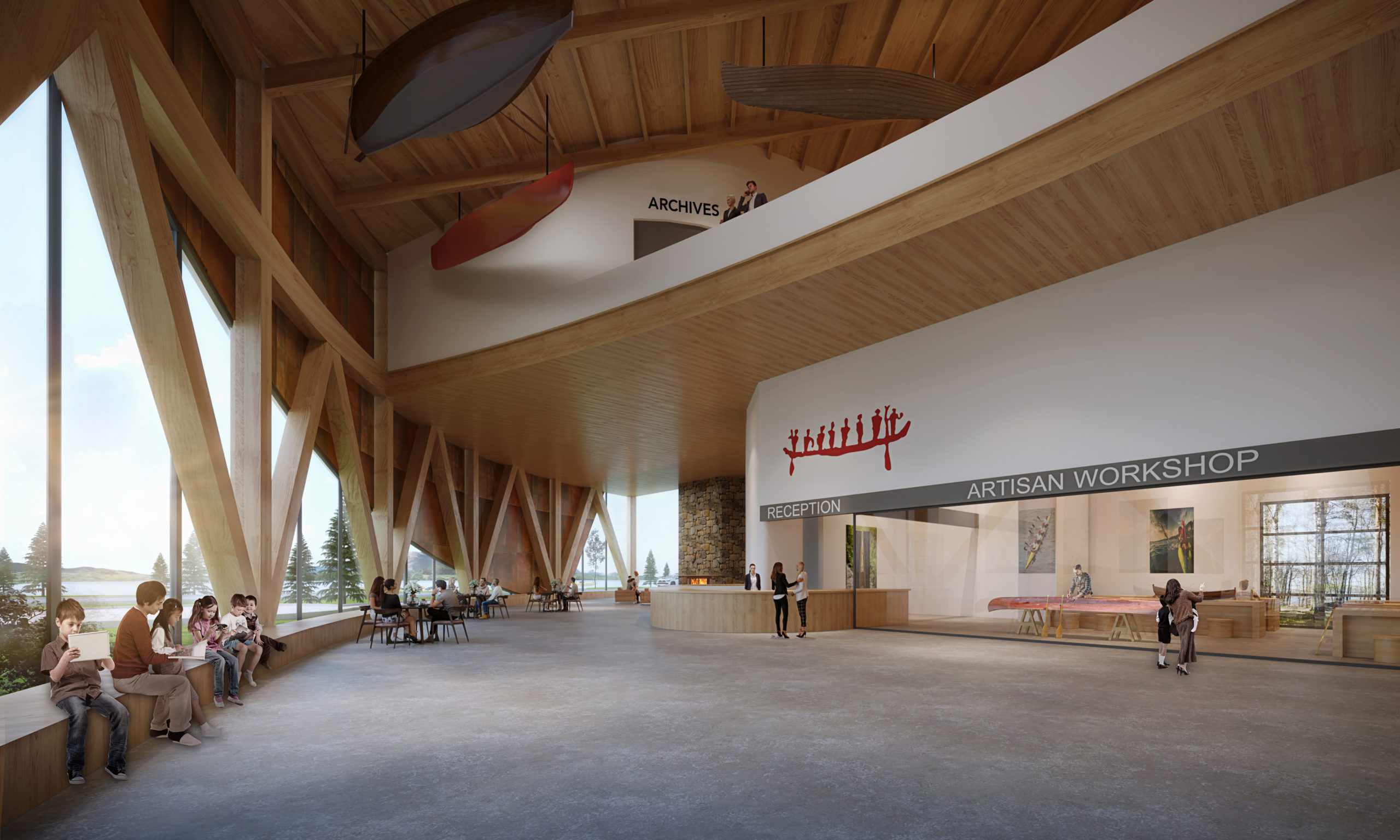 From the entrance of the Museum looking south, visitors experience the impressive, curved façade of the building and get a glimpse of the large fireplace in the café lounge. | Photo: The Canadian Canoe Museum