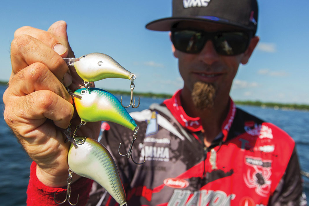 Mike Iaconelli holds up three different color fishing lures