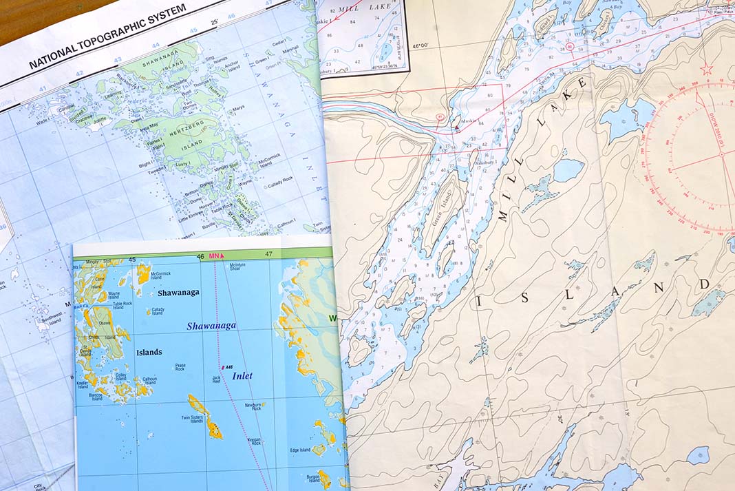 Marine charts and topographic map.