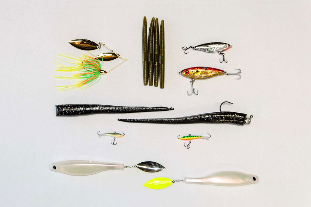 a selection of finesse fishing lures laid out on a white background