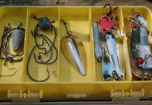 a selection of different types of fishing hooks in a tackle tray