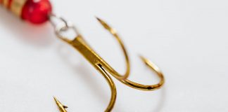detail shot of a gold treble fishing hook