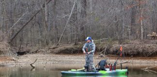 a kayak angler stands up and casts in camouflage fishing gear