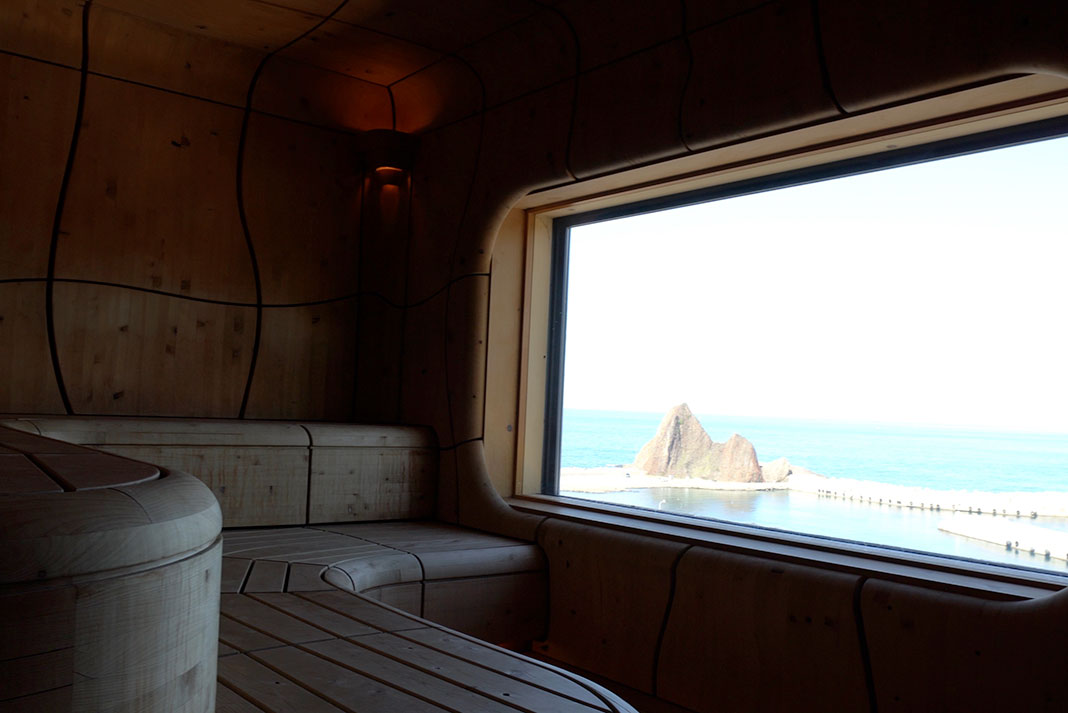 Sauna with window out to ocean.