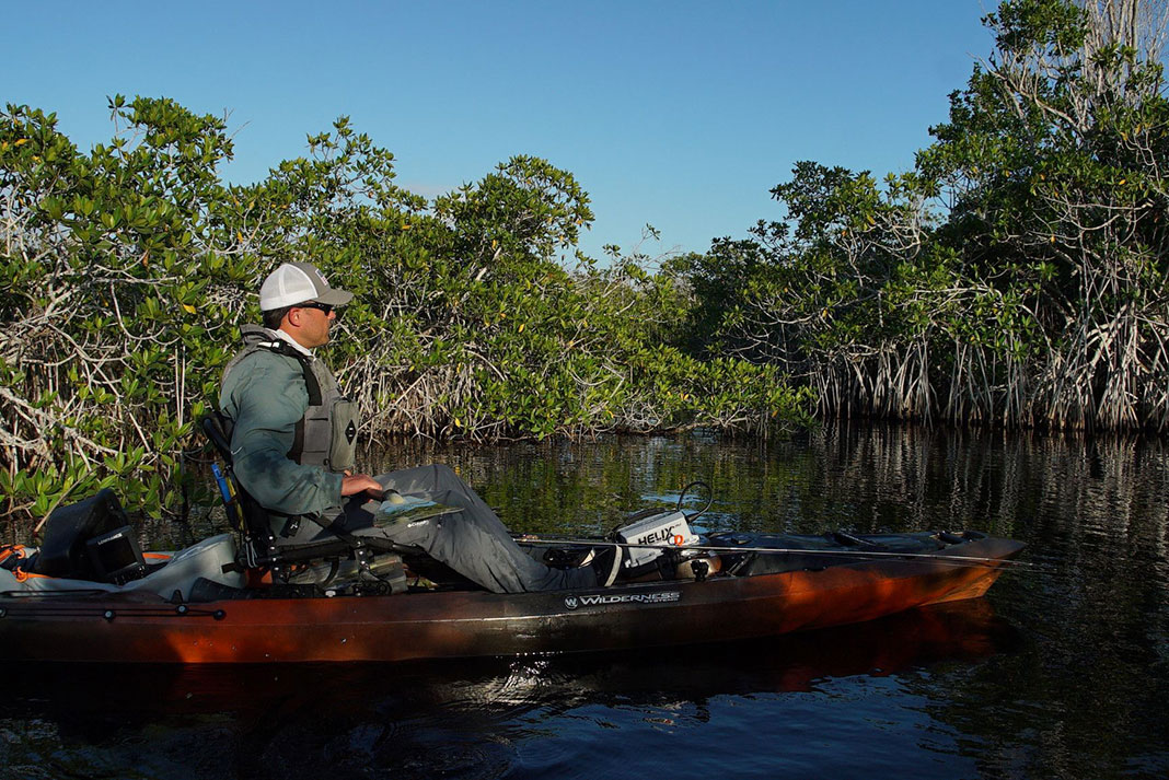 man fishes in mangrove swamp from a motorized kayak