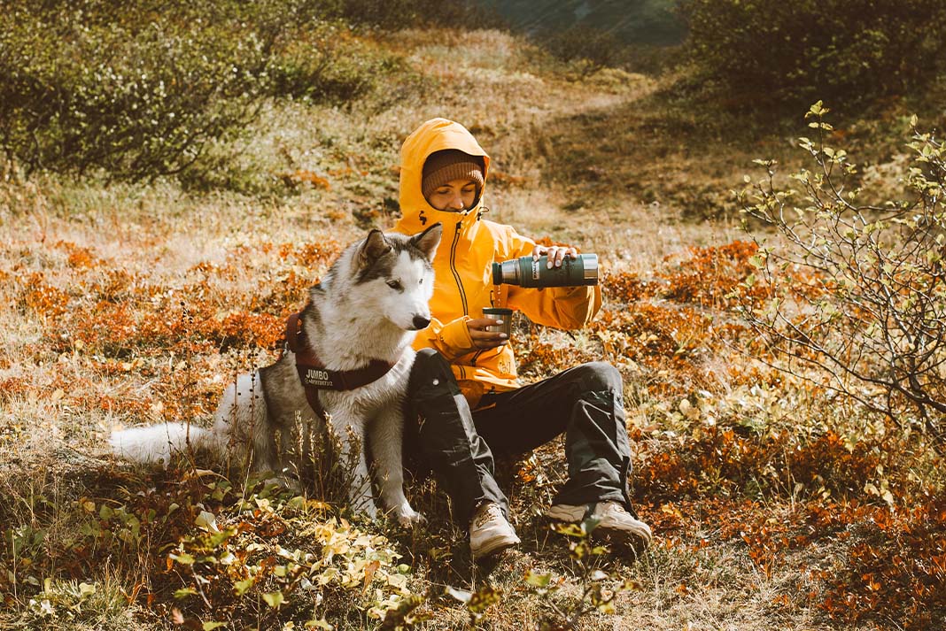 Tired traveler with Husky on mountainous terrain | Photo by ROMAN ODINTSOV from Pexels