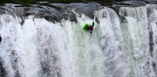 Kaelin Friedenson throws a switch freewheel off Tomata Falls in Mexico.