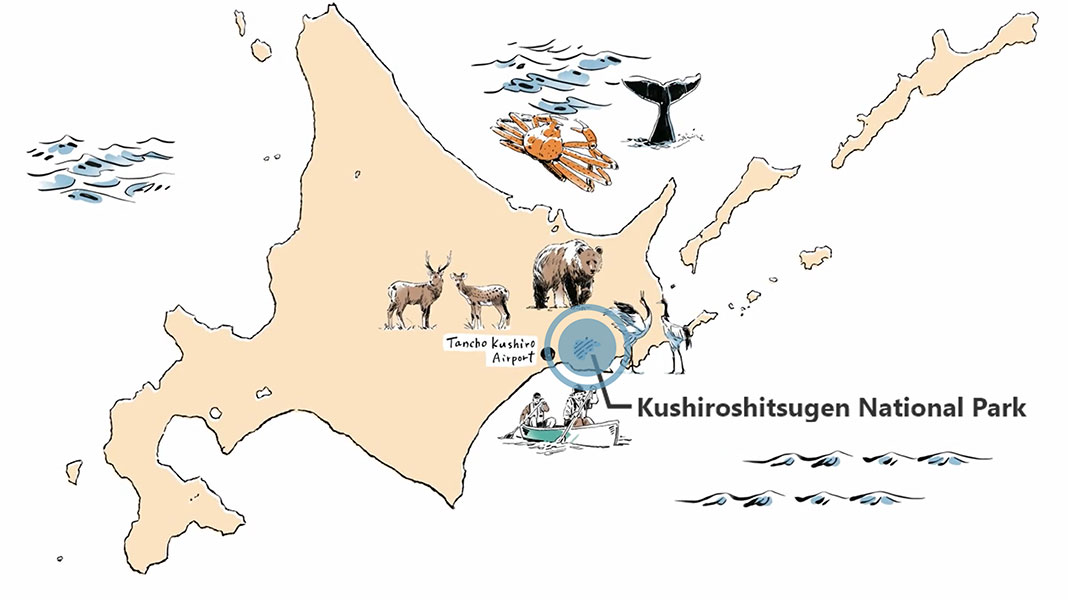 Illustrated map of Hokkaido with animals