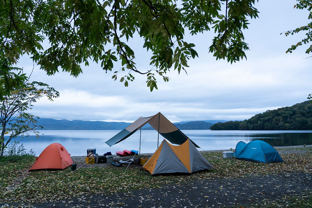 tents and tarp at a campsite in Kushiro, Hokkaido, Japan