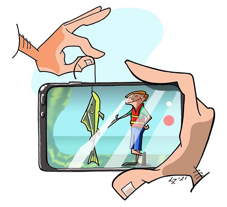 illustration of a person measuring fish dishonestly with their camera