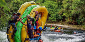 The triple stacked raft takes on the kaituna river