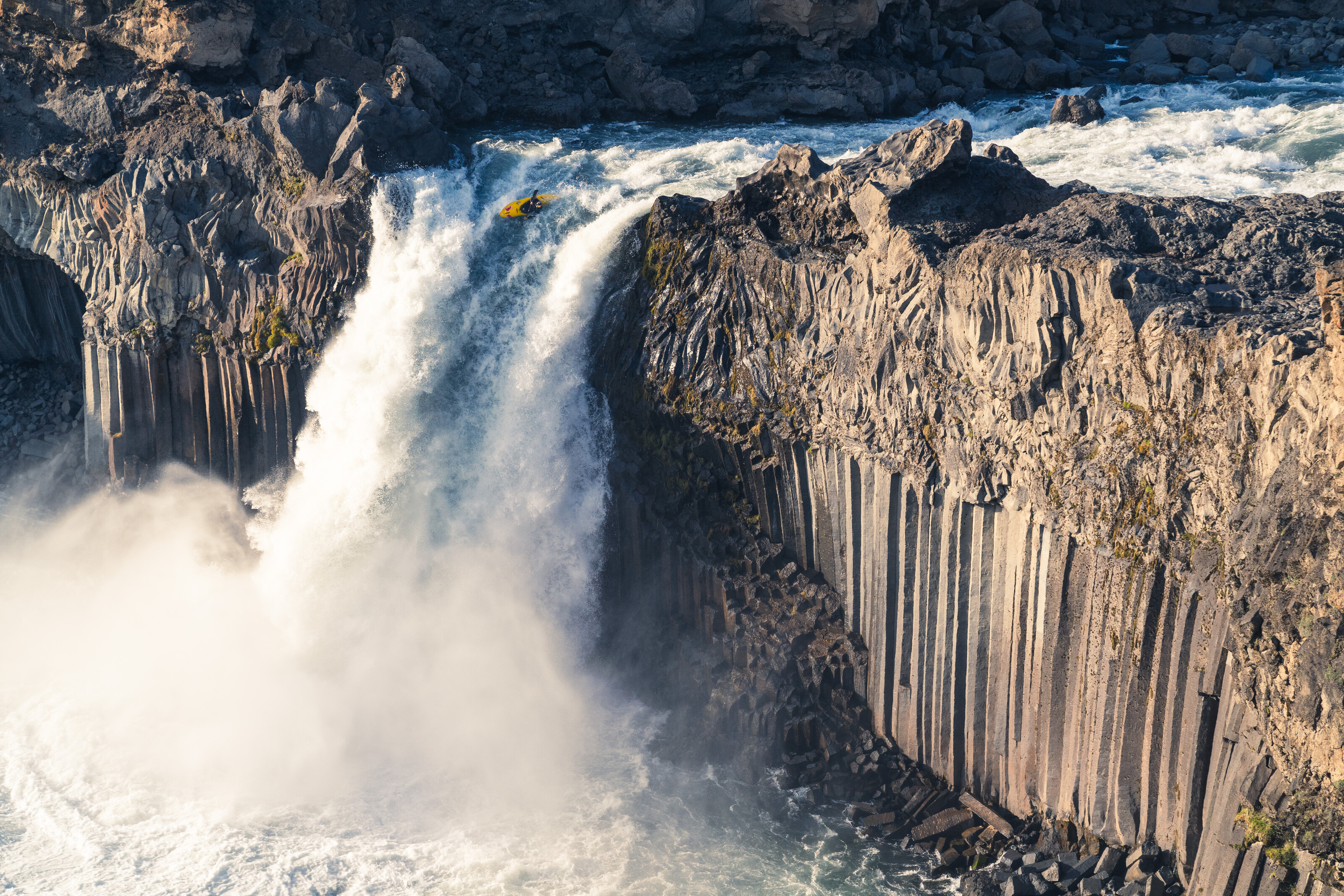 Aniol Serrasolses droping a waterfall in Aldeyjarfoss, Iceland