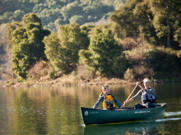 Two people paddling dark green canoe