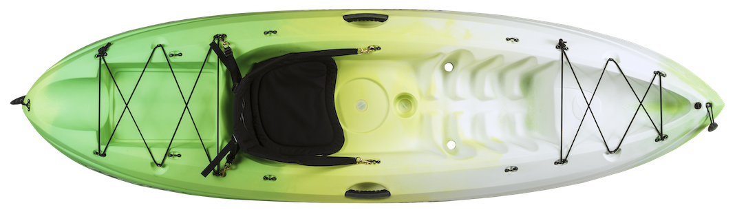 Top down view of green and white sit-on-top kayak