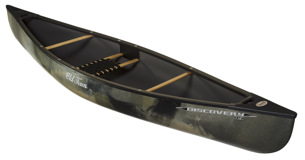 Side shot of camo solo canoe