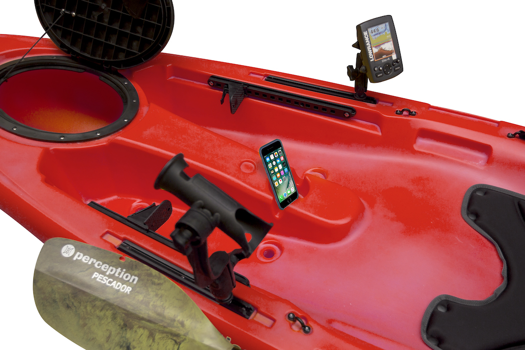 GPS, phone and rod holder mounted on gear tracks on red sit-on-top kayak